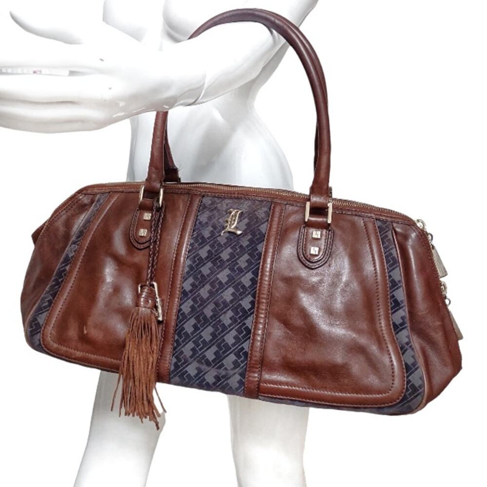 Vtg L.A.M.B. Leather Monogram Tote Handbag Gwen Stefani Top Handle Travel Purse